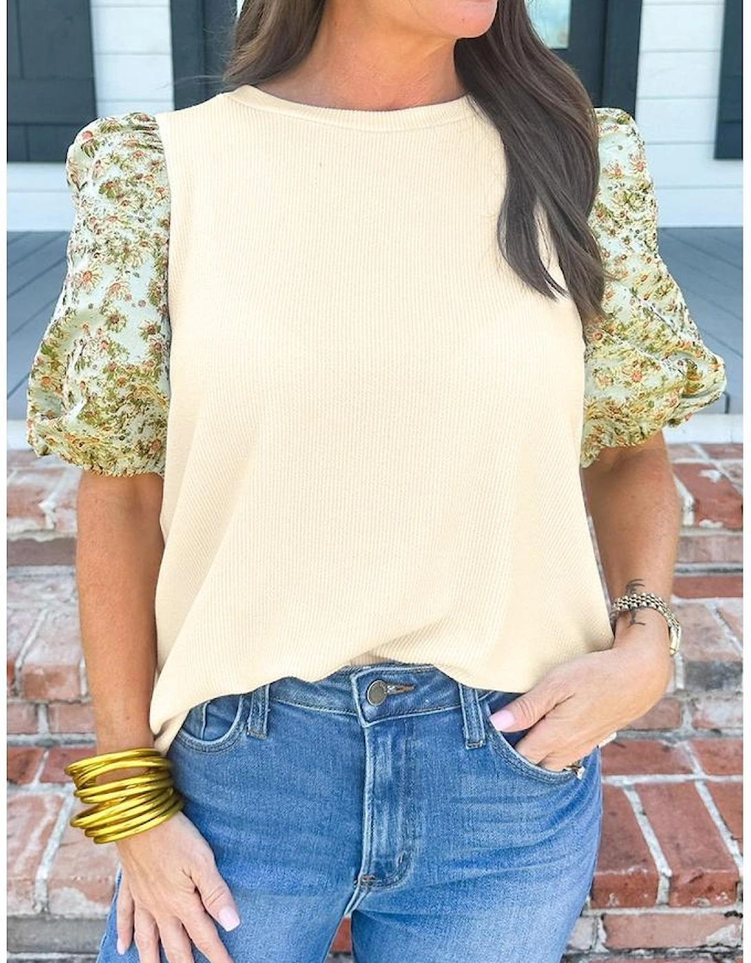 Beige Contrast Floral Bubble Sleeve Patchwork Ribbed Top
