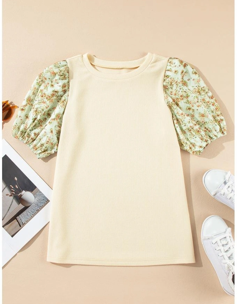 Beige Contrast Floral Bubble Sleeve Patchwork Ribbed Top