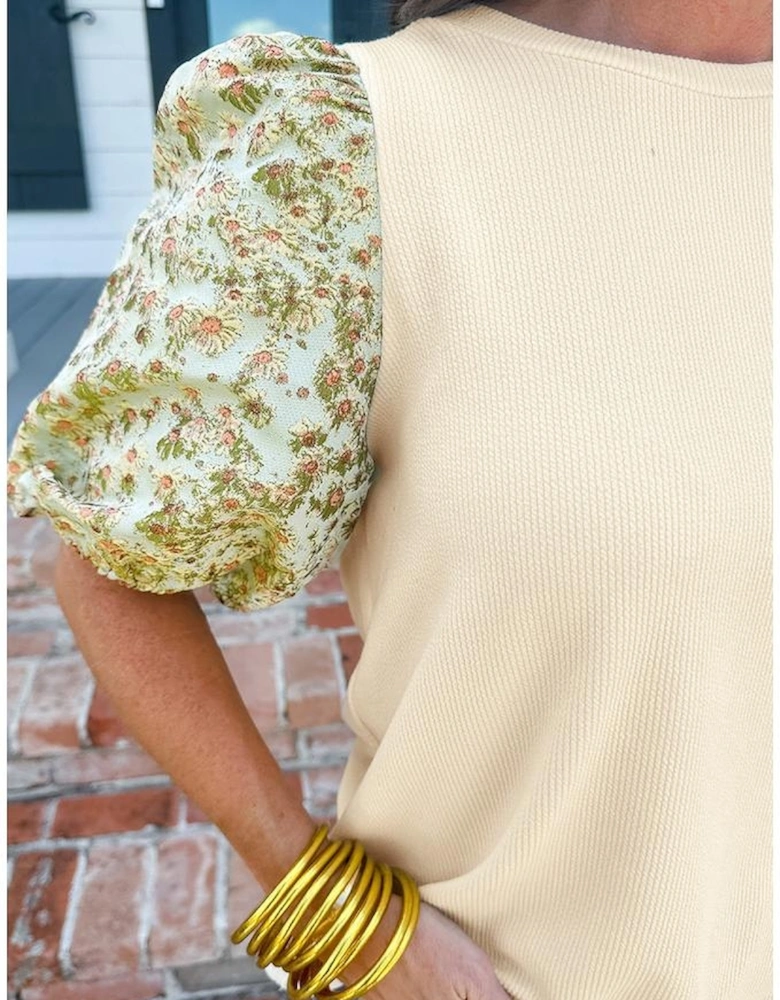 Beige Contrast Floral Bubble Sleeve Patchwork Ribbed Top