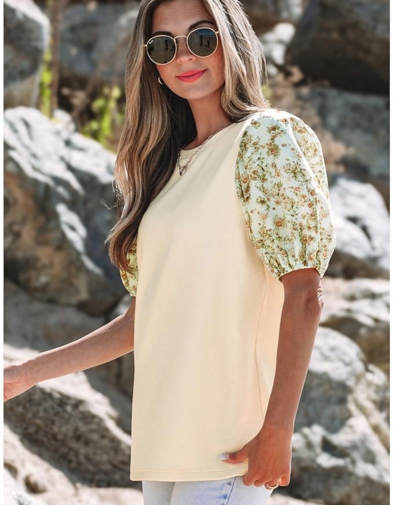 Beige Contrast Floral Bubble Sleeve Patchwork Ribbed Top