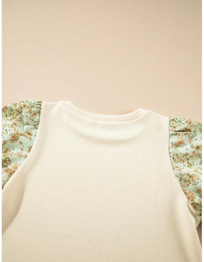 Beige Contrast Floral Bubble Sleeve Patchwork Ribbed Top