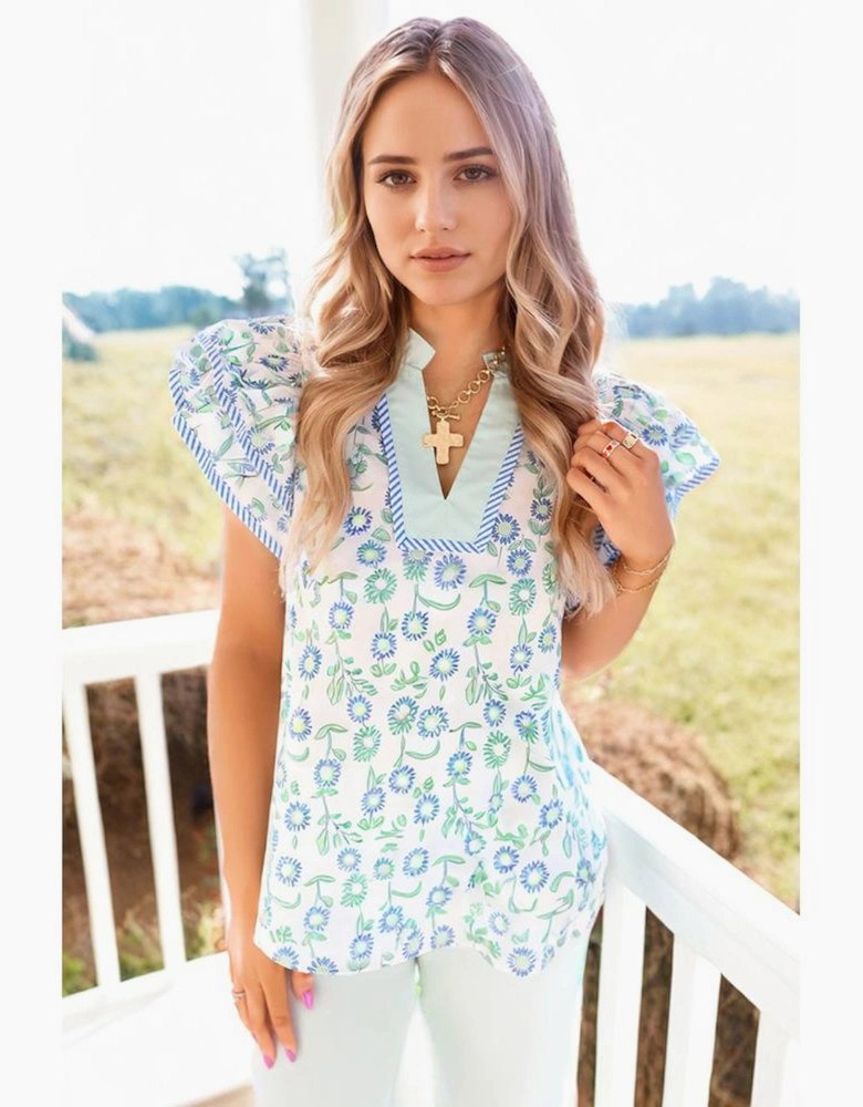 Green Floral Print Striped Detail Contrast V Neck Patchwork Flutter Sleeve Blouse
