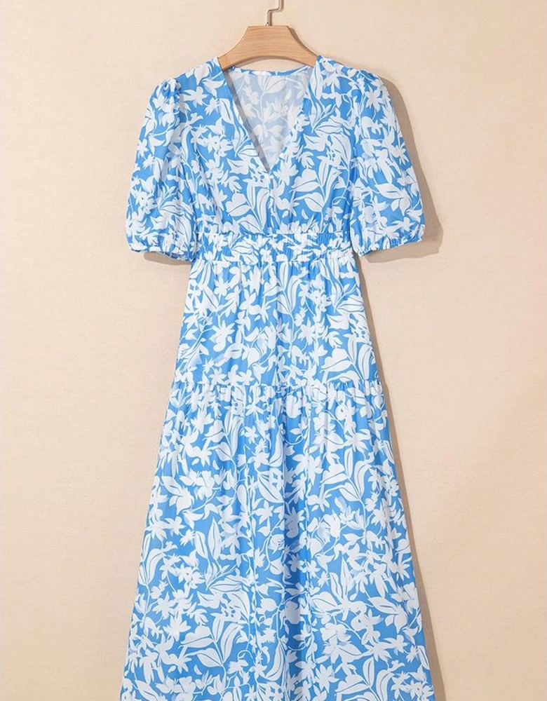 Sky Blue Floral V Neck Puff Short Sleeve Flowy Long Dress