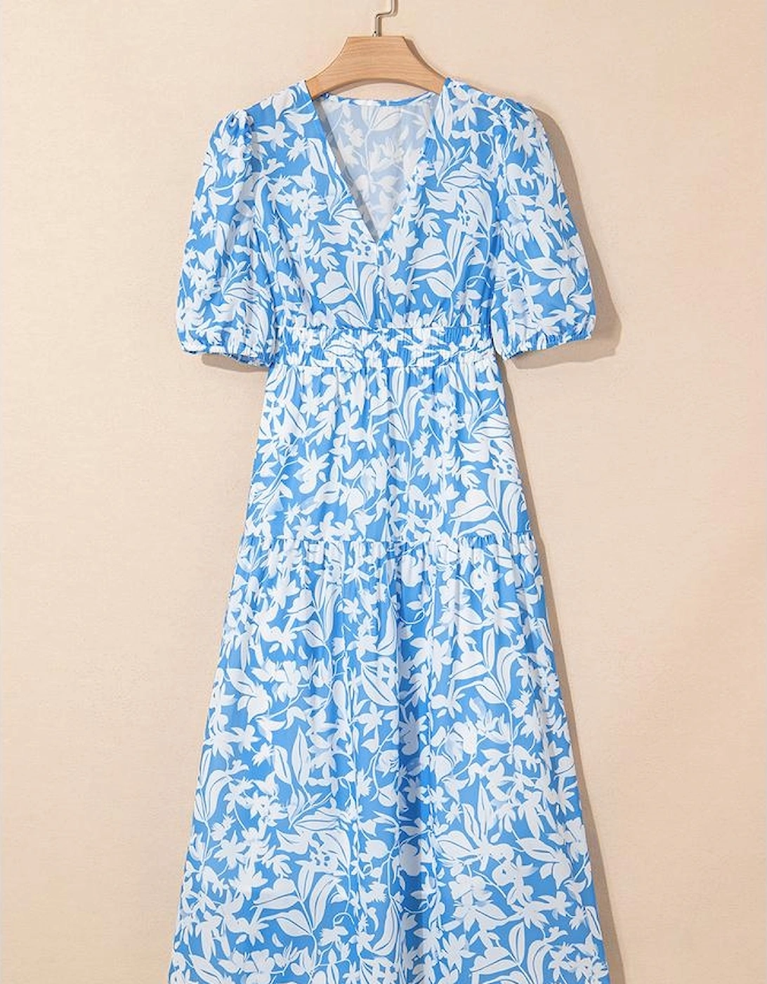 Sky Blue Floral V Neck Puff Short Sleeve Flowy Long Dress