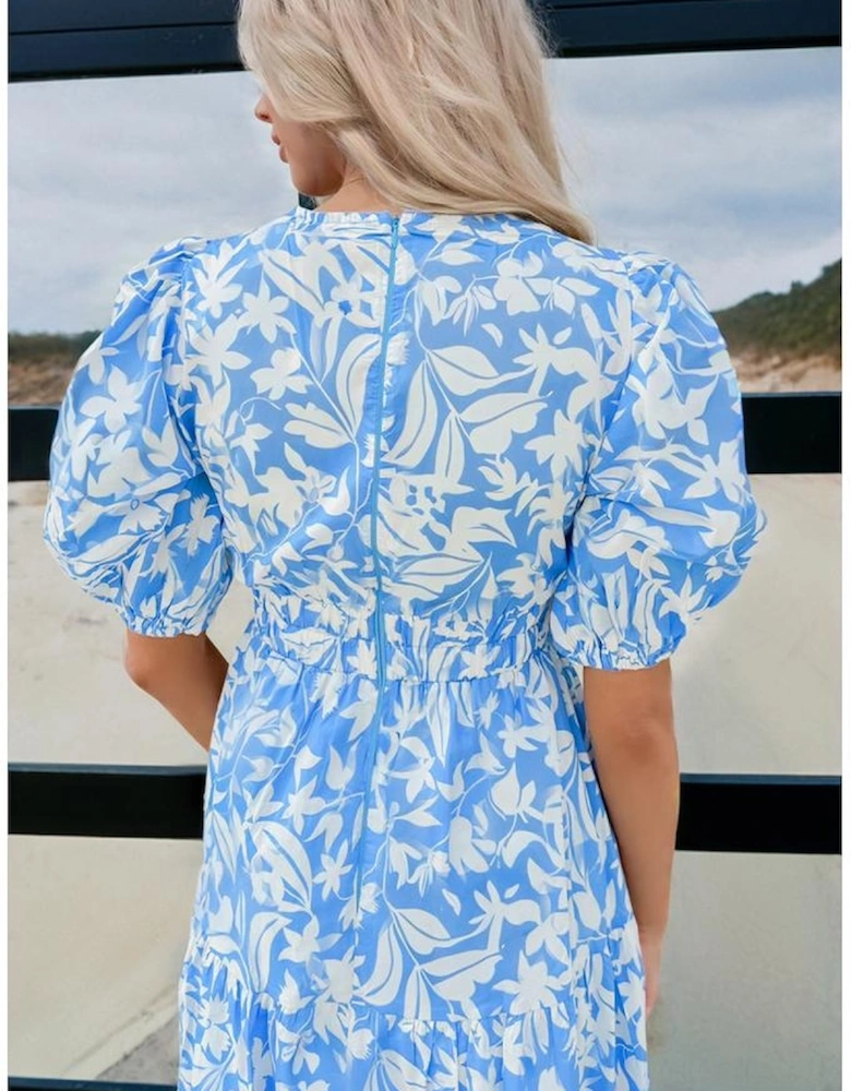 Sky Blue Floral V Neck Puff Short Sleeve Flowy Long Dress