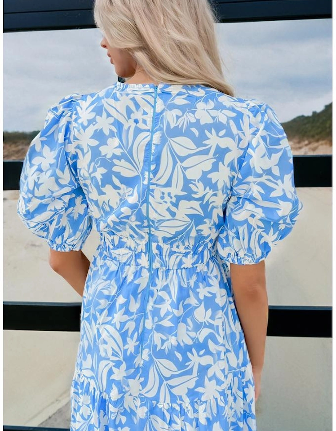 Sky Blue Floral V Neck Puff Short Sleeve Flowy Long Dress, 11 of 10