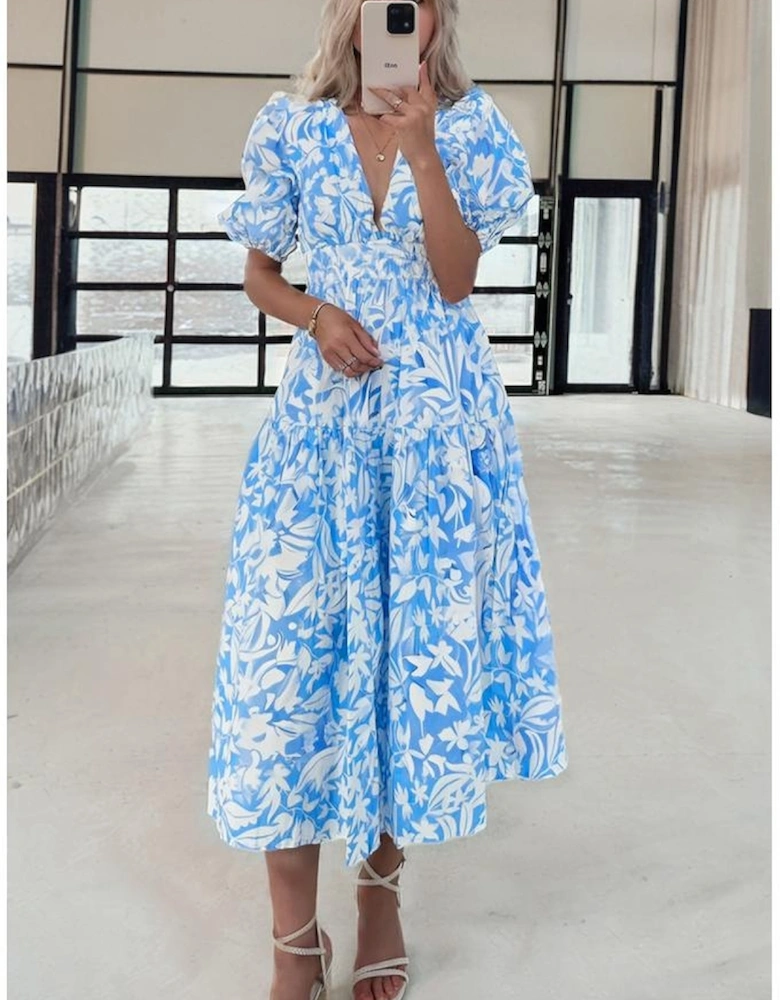 Sky Blue Floral V Neck Puff Short Sleeve Flowy Long Dress
