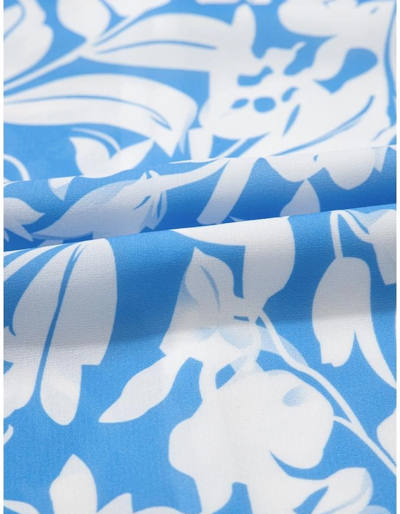 Sky Blue Floral V Neck Puff Short Sleeve Flowy Long Dress