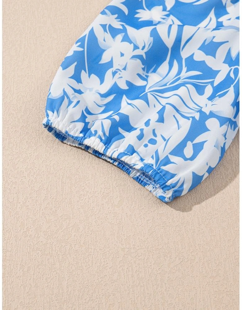 Sky Blue Floral V Neck Puff Short Sleeve Flowy Long Dress