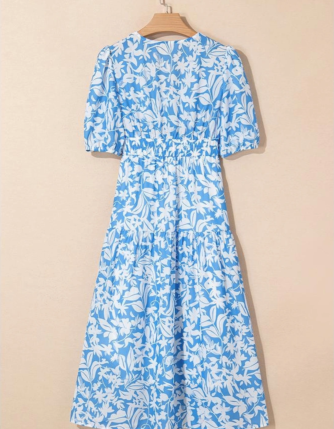 Sky Blue Floral V Neck Puff Short Sleeve Flowy Long Dress