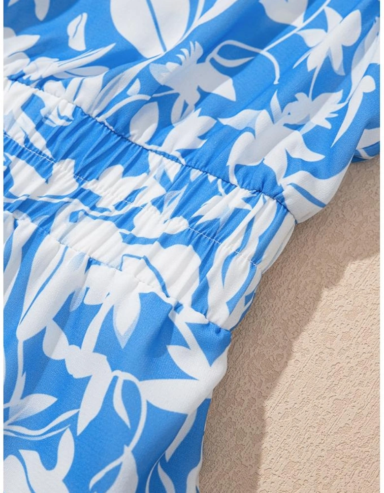 Sky Blue Floral V Neck Puff Short Sleeve Flowy Long Dress