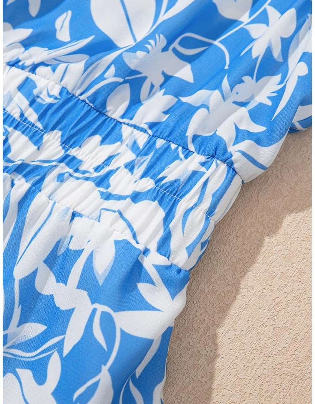 Sky Blue Floral V Neck Puff Short Sleeve Flowy Long Dress