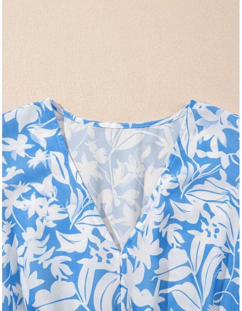 Sky Blue Floral V Neck Puff Short Sleeve Flowy Long Dress