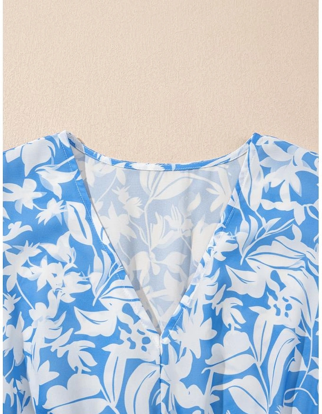 Sky Blue Floral V Neck Puff Short Sleeve Flowy Long Dress