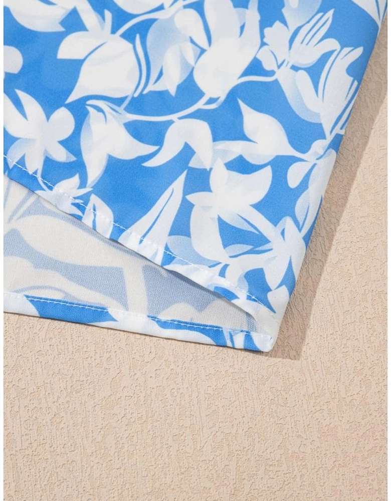 Sky Blue Floral V Neck Puff Short Sleeve Flowy Long Dress