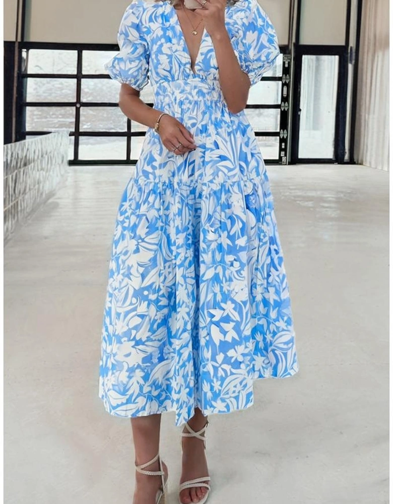 Sky Blue Floral V Neck Puff Short Sleeve Flowy Long Dress