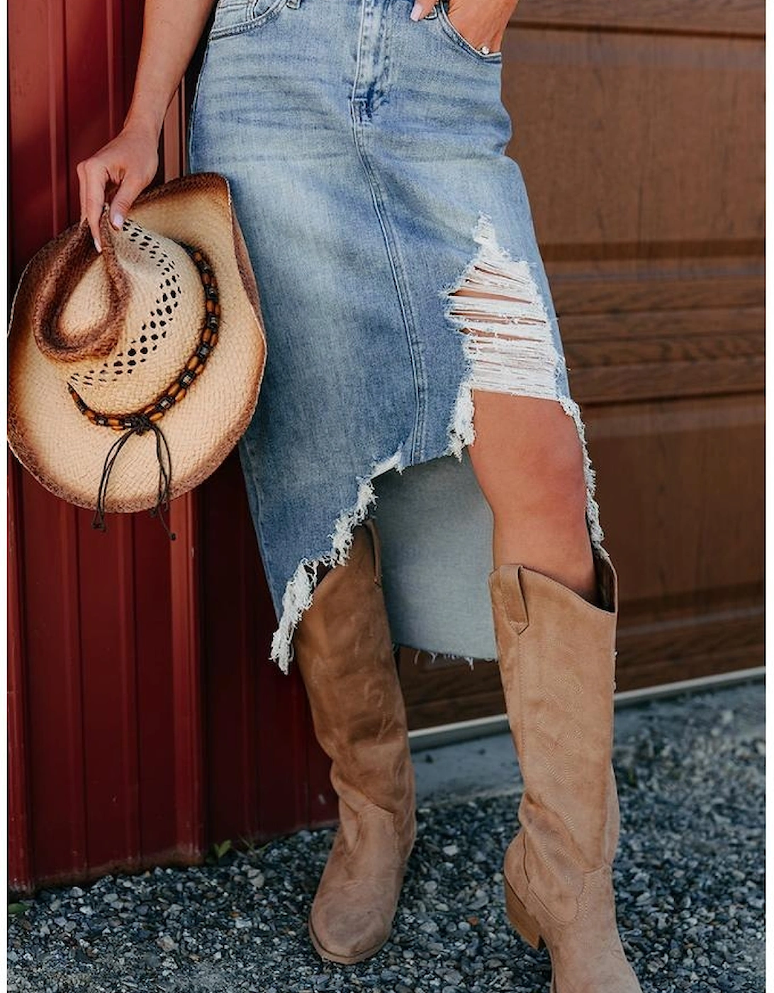 Myosotis Irregular Distressed Bottom Denim Midi Skirt
