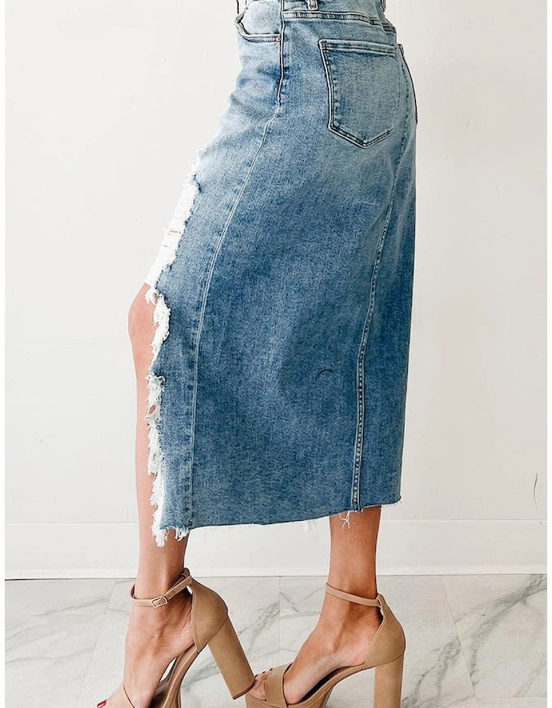 Myosotis Irregular Distressed Bottom Denim Midi Skirt