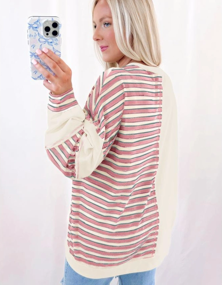 Pink Stripe Stitched Detail Color Block Patchwork Oversized Pullover Top