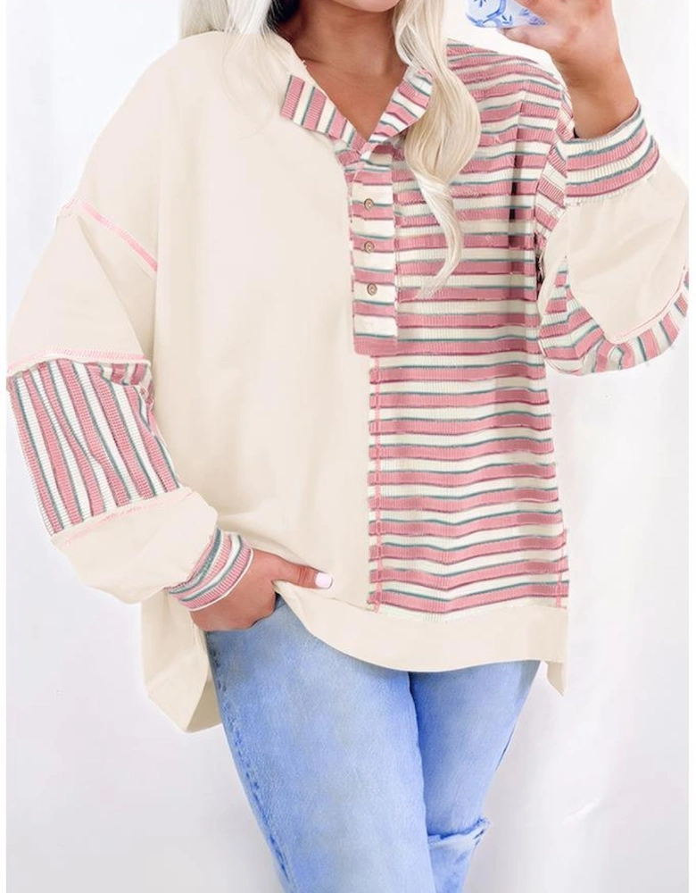 Pink Stripe Stitched Detail Color Block Patchwork Oversized Pullover Top