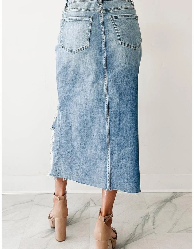 Myosotis Irregular Distressed Bottom Denim Midi Skirt