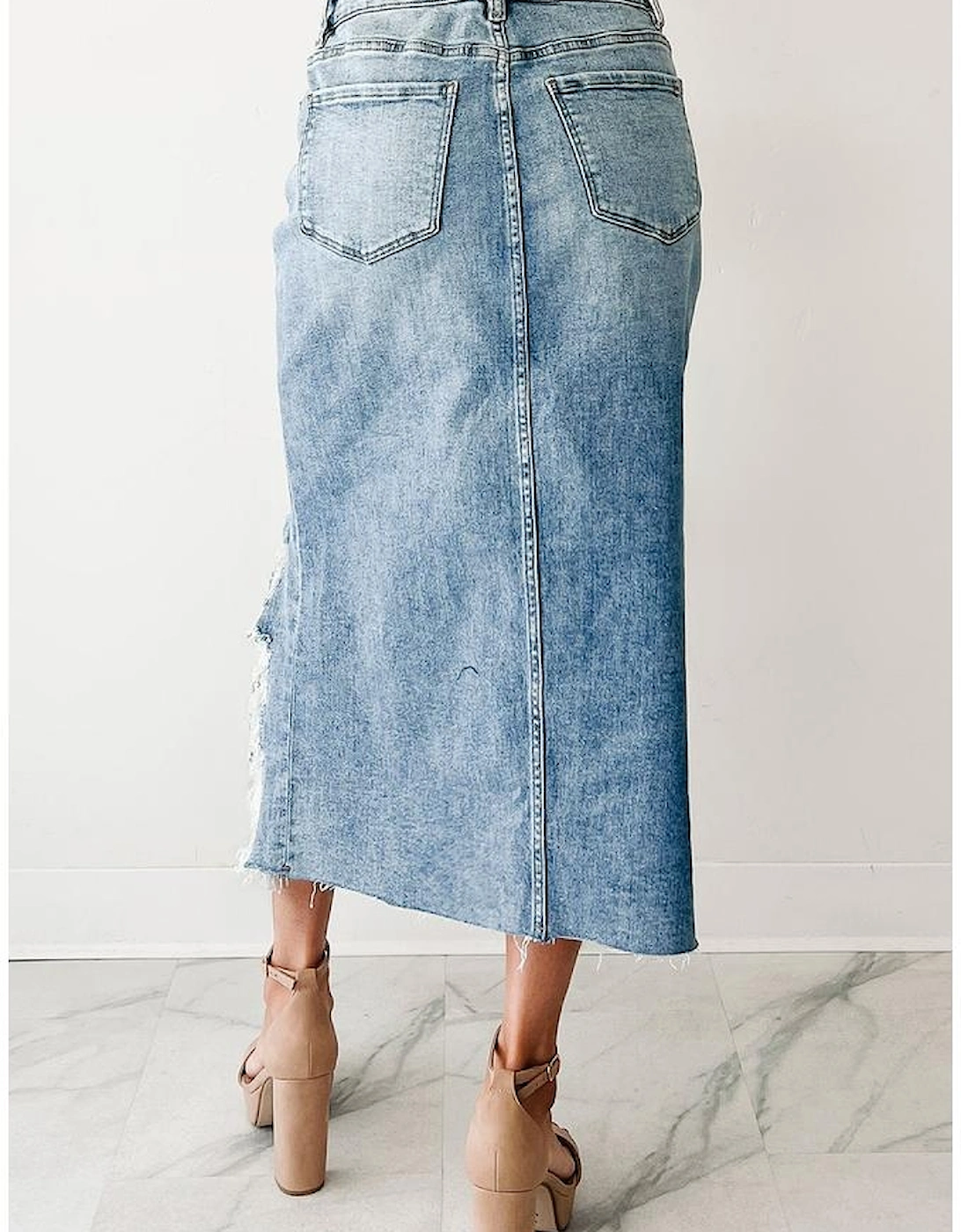 Myosotis Irregular Distressed Bottom Denim Midi Skirt, 4 of 3