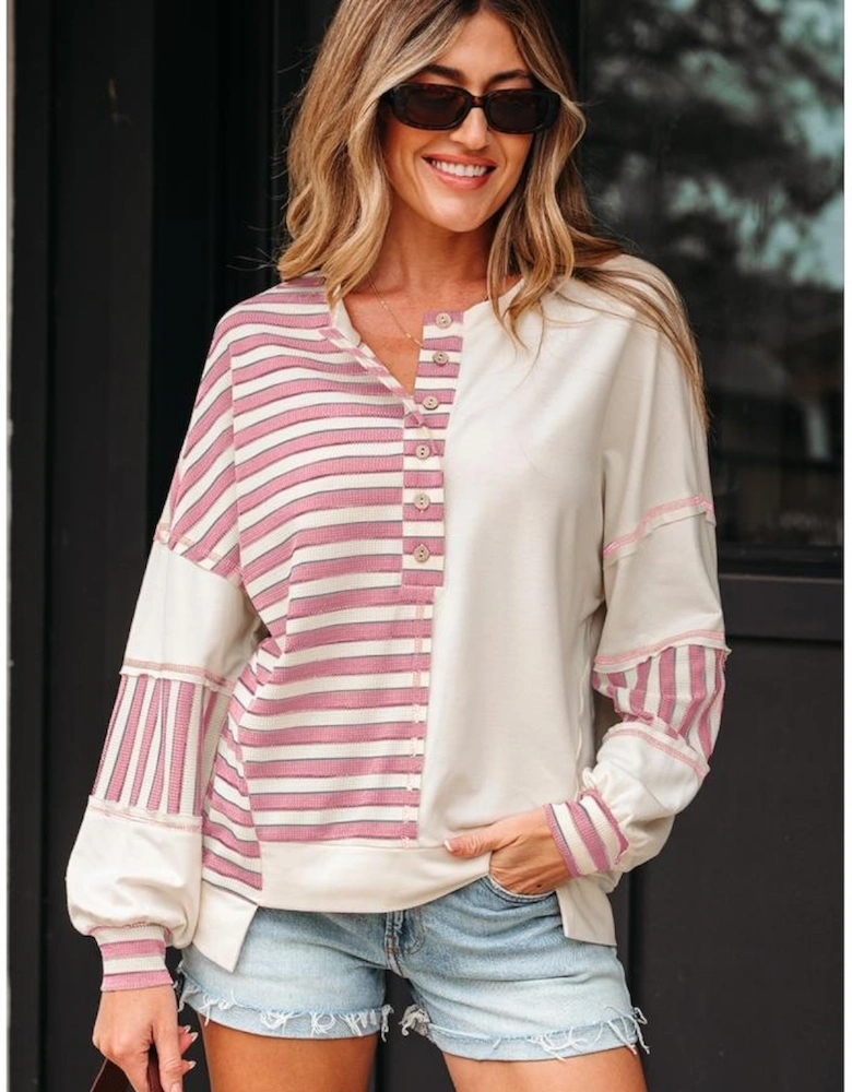 Pink Stripe Stitched Detail Color Block Patchwork Oversized Pullover Top