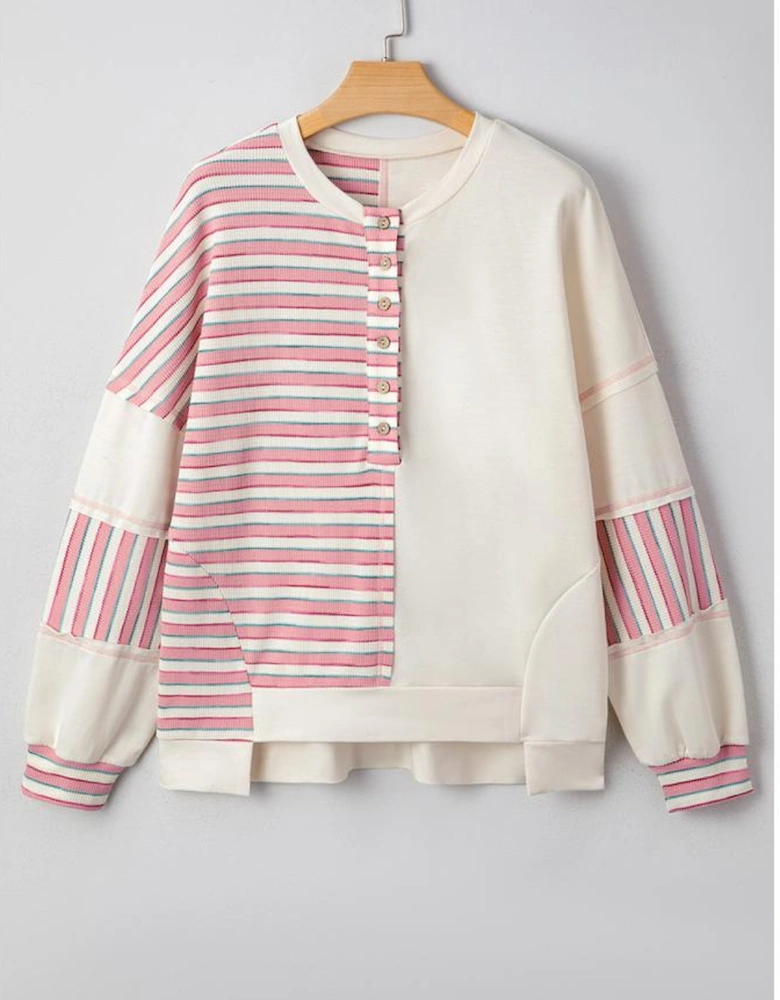 Pink Stripe Stitched Detail Color Block Patchwork Oversized Pullover Top