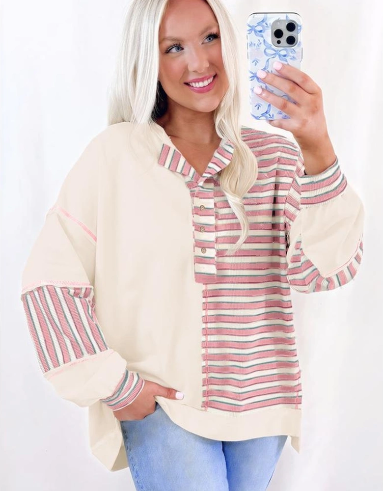 Pink Stripe Stitched Detail Color Block Patchwork Oversized Pullover Top
