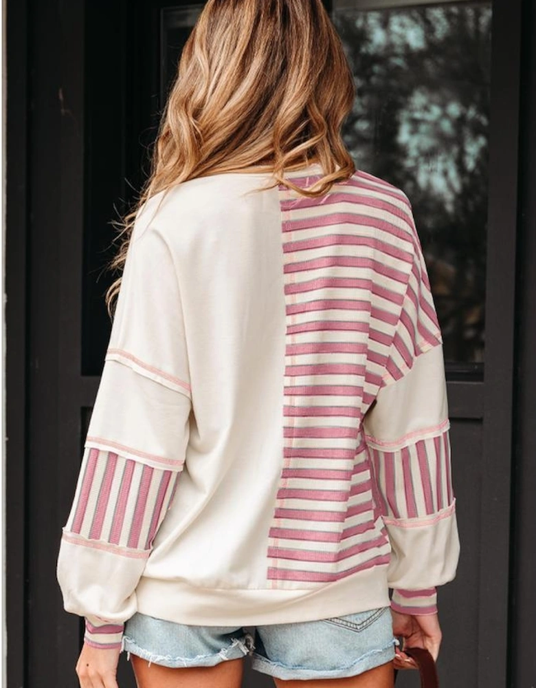 Pink Stripe Stitched Detail Color Block Patchwork Oversized Pullover Top