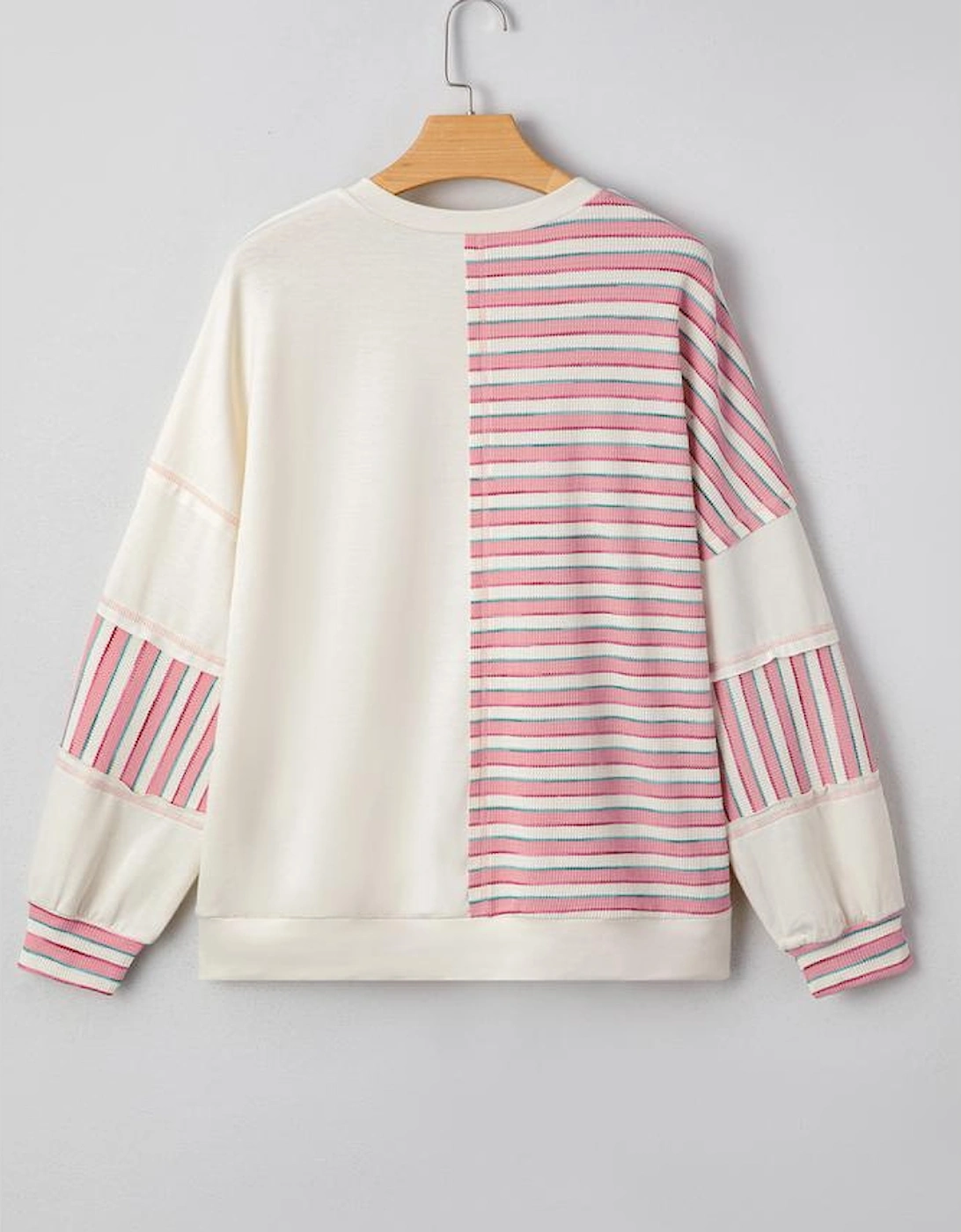 Pink Stripe Stitched Detail Color Block Patchwork Oversized Pullover Top