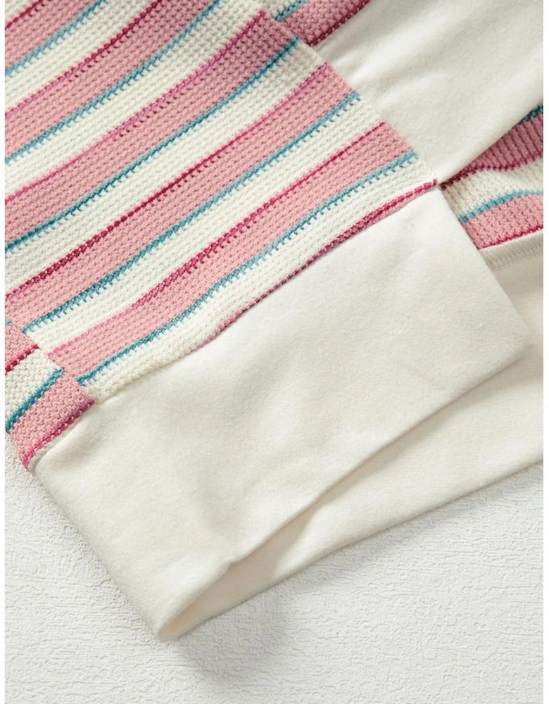 Pink Stripe Stitched Detail Color Block Patchwork Oversized Pullover Top
