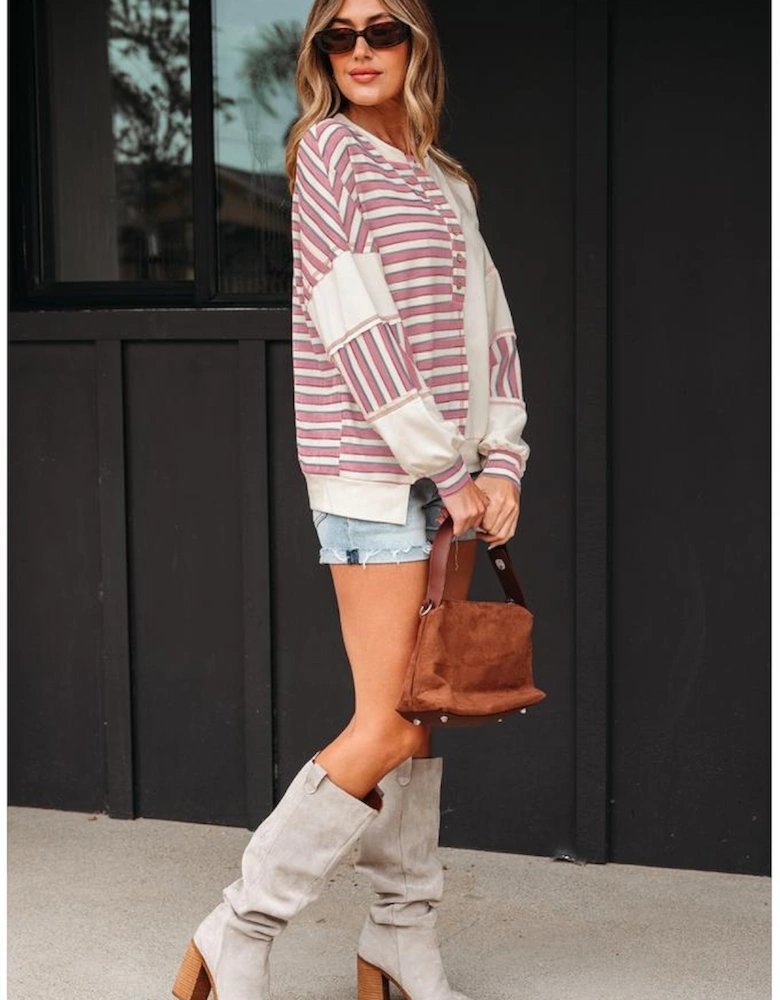 Pink Stripe Stitched Detail Color Block Patchwork Oversized Pullover Top