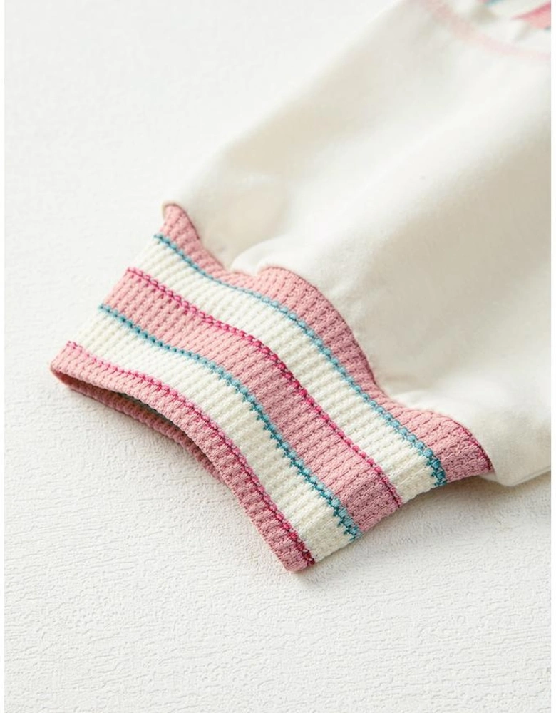 Pink Stripe Stitched Detail Color Block Patchwork Oversized Pullover Top