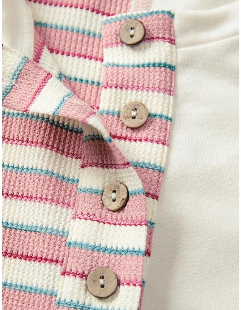 Pink Stripe Stitched Detail Color Block Patchwork Oversized Pullover Top