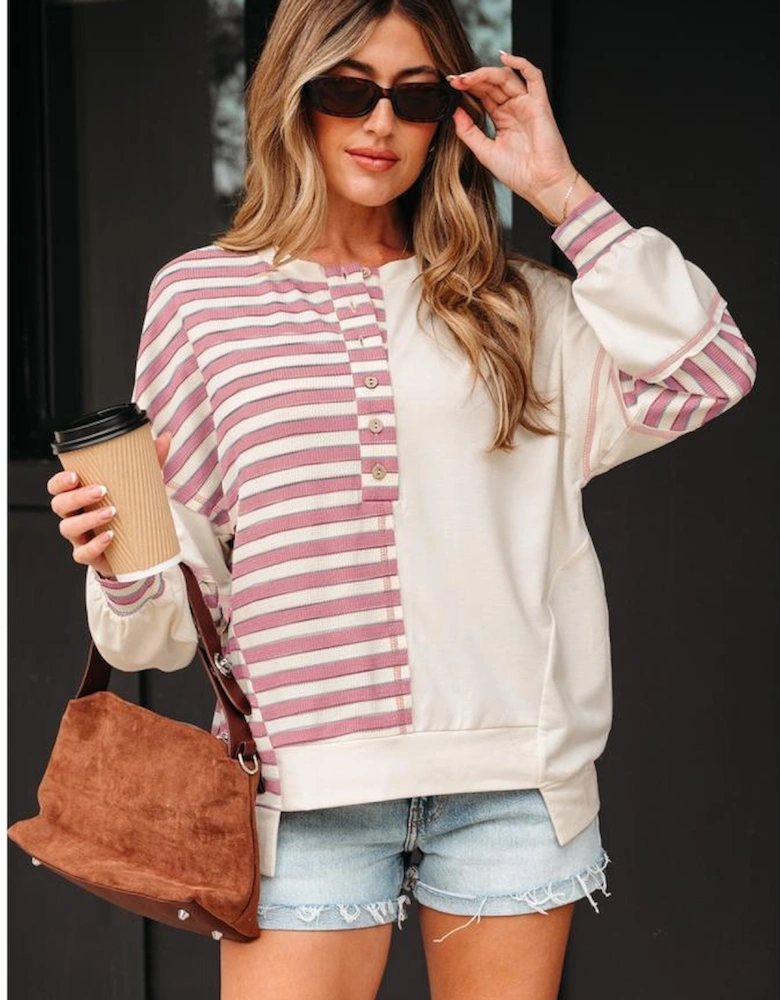 Pink Stripe Stitched Detail Color Block Patchwork Oversized Pullover Top