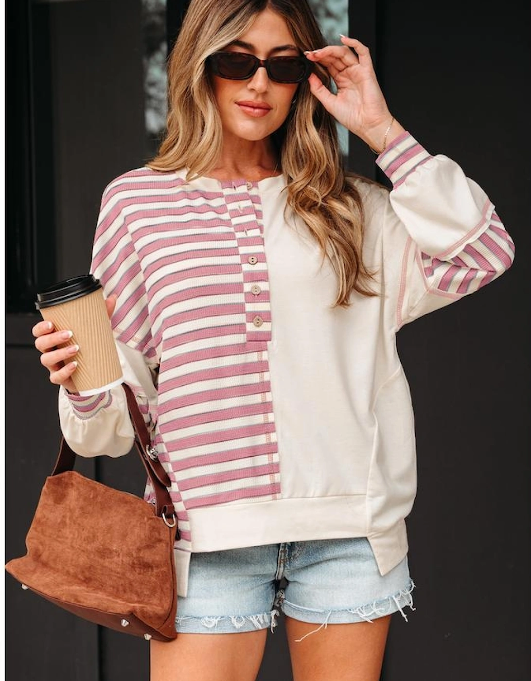 Pink Stripe Stitched Detail Color Block Patchwork Oversized Pullover Top