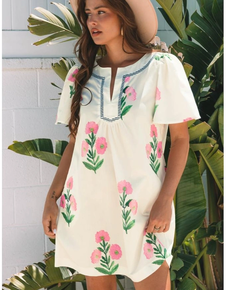 Apricot Floral Short Sleeve Split Neck Loose Mini Dress