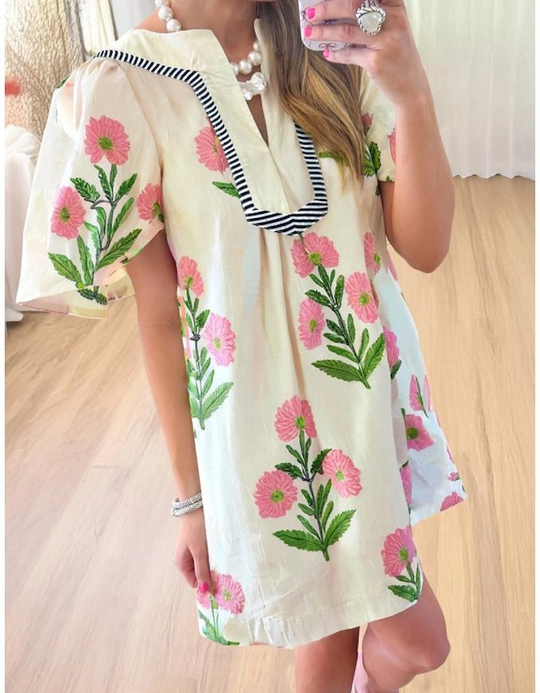 Apricot Floral Short Sleeve Split Neck Loose Mini Dress