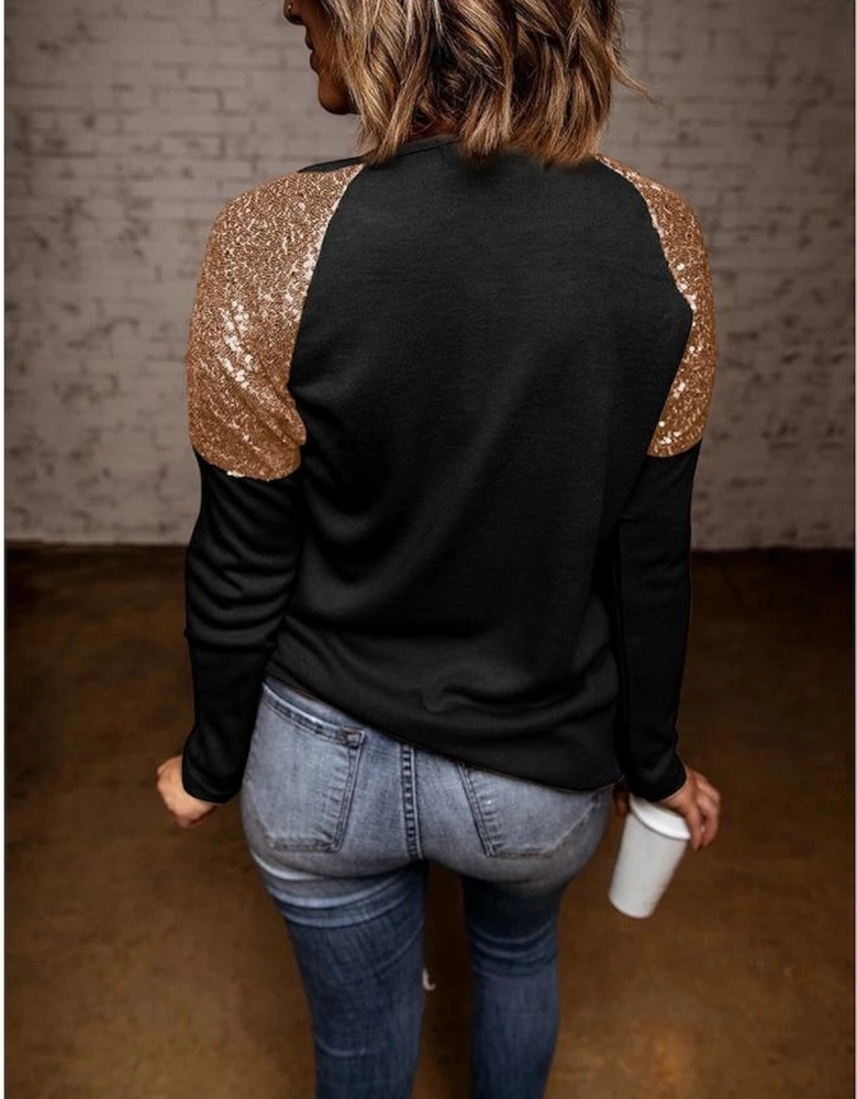 Black Sequined Shoulder Candy Corn Patched Pattern Raglan Sleeve Top