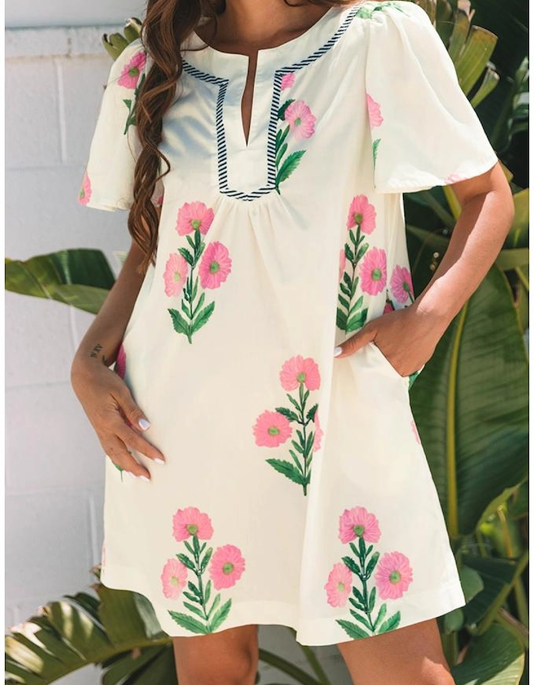 Apricot Floral Short Sleeve Split Neck Loose Mini Dress