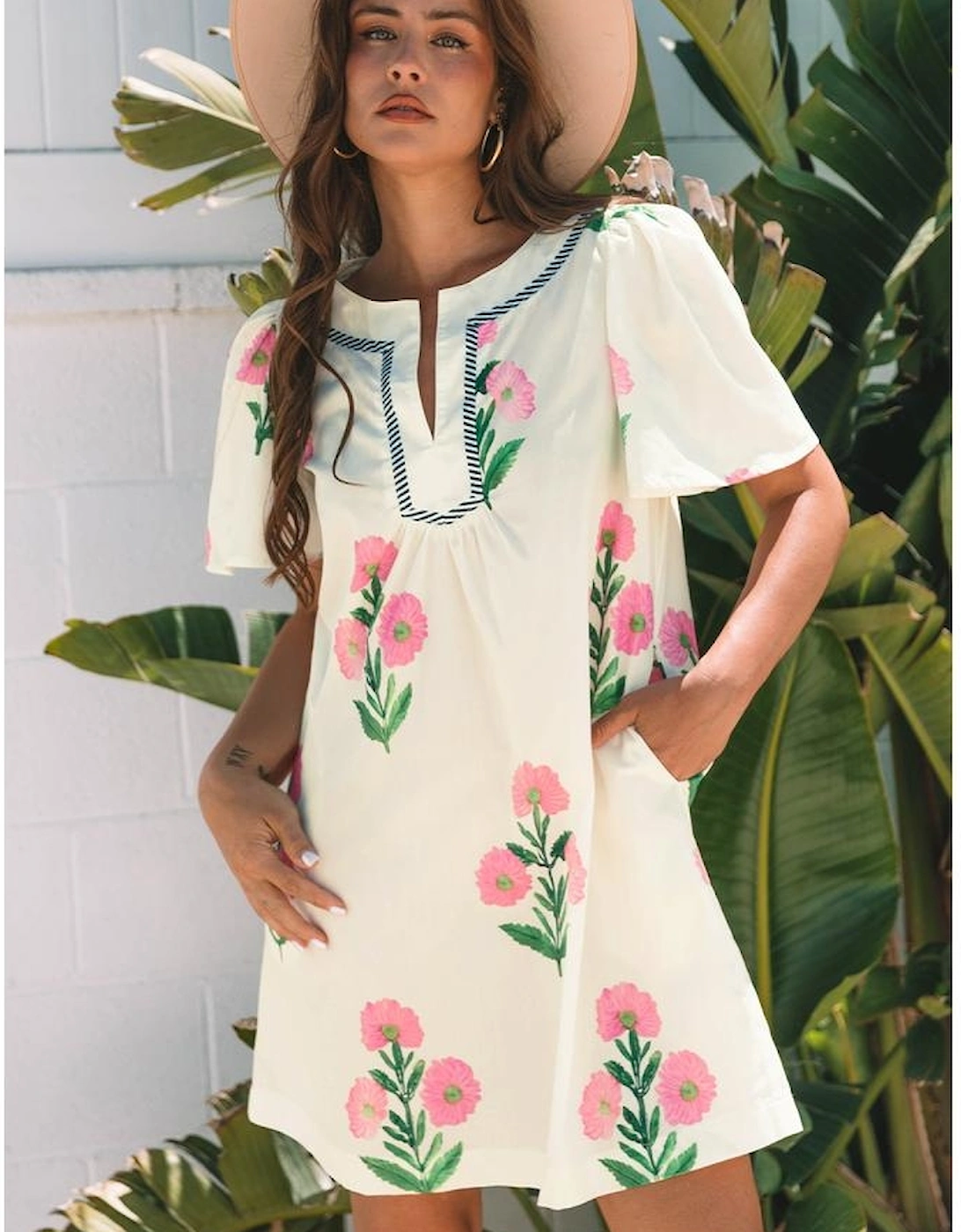 Apricot Floral Short Sleeve Split Neck Loose Mini Dress