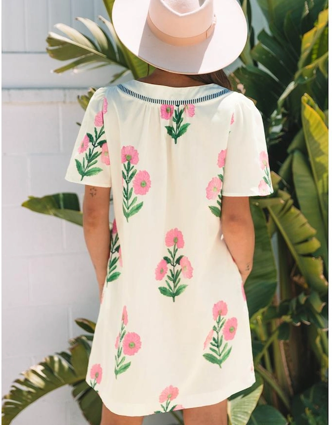 Apricot Floral Short Sleeve Split Neck Loose Mini Dress, 16 of 15