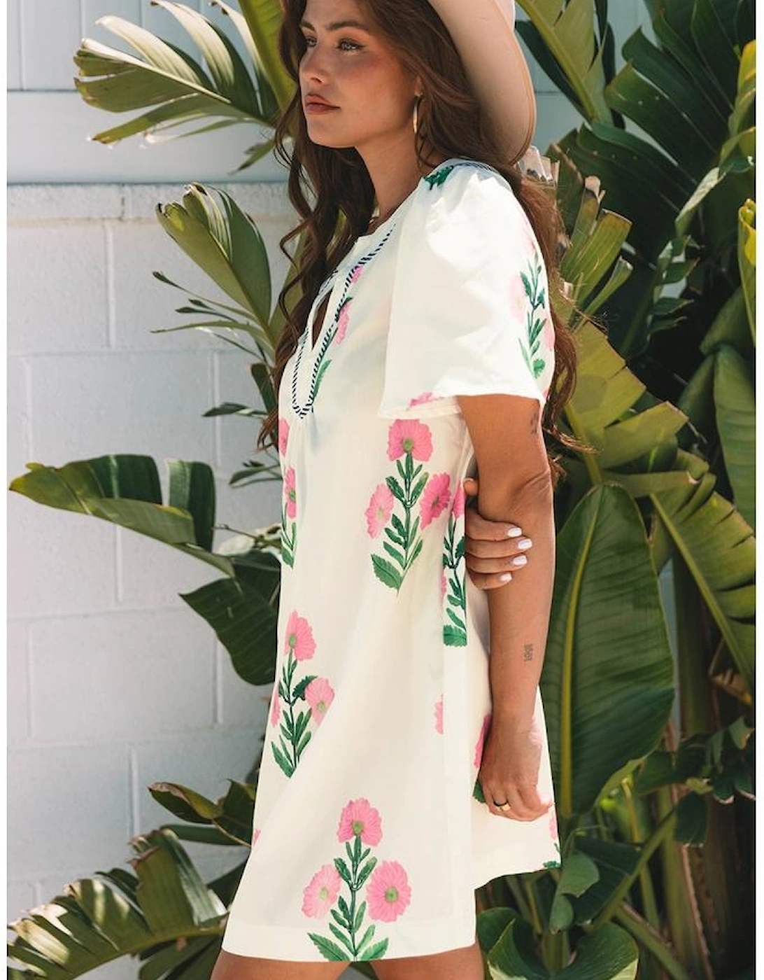 Apricot Floral Short Sleeve Split Neck Loose Mini Dress