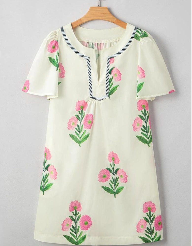 Apricot Floral Short Sleeve Split Neck Loose Mini Dress