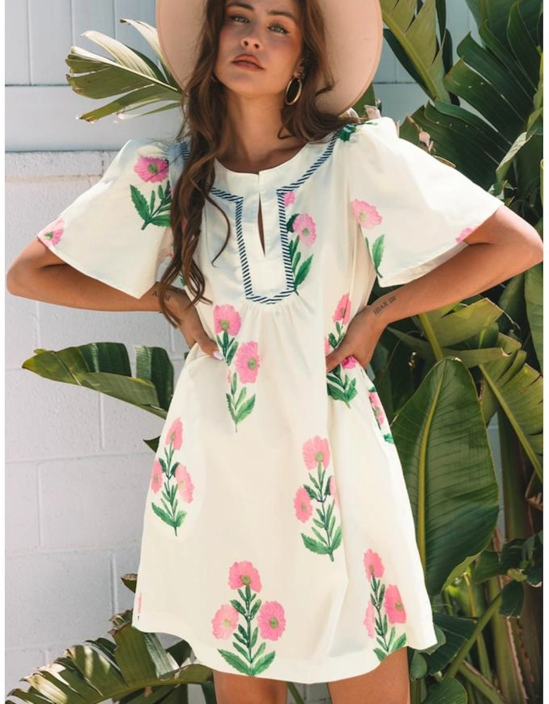 Apricot Floral Short Sleeve Split Neck Loose Mini Dress