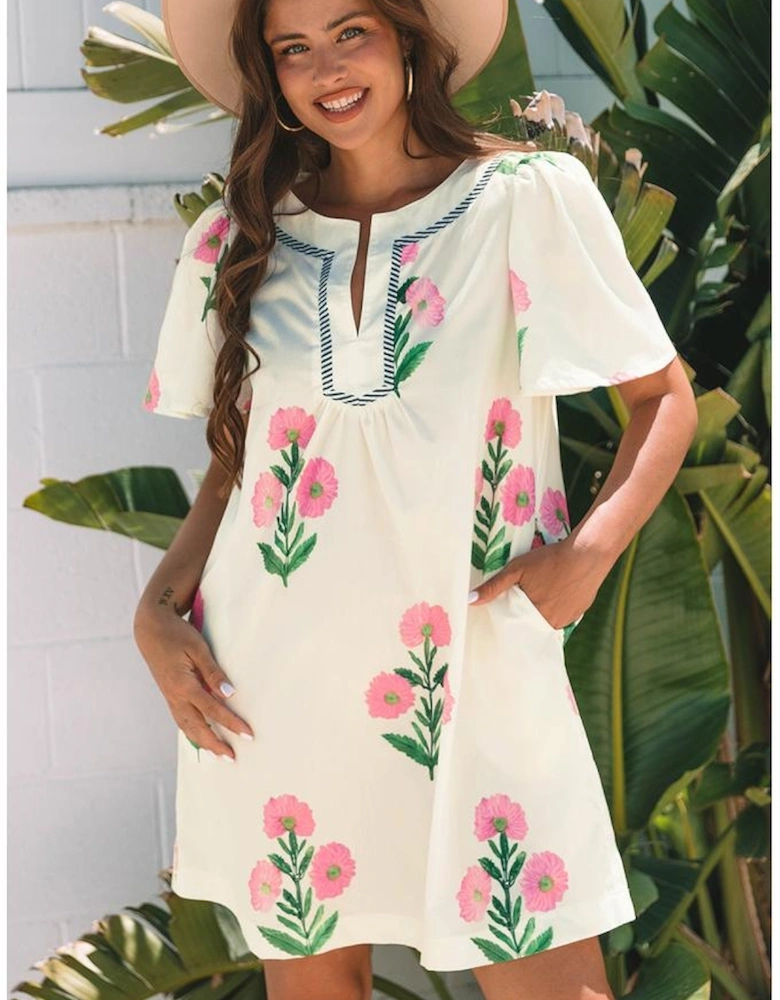 Apricot Floral Short Sleeve Split Neck Loose Mini Dress