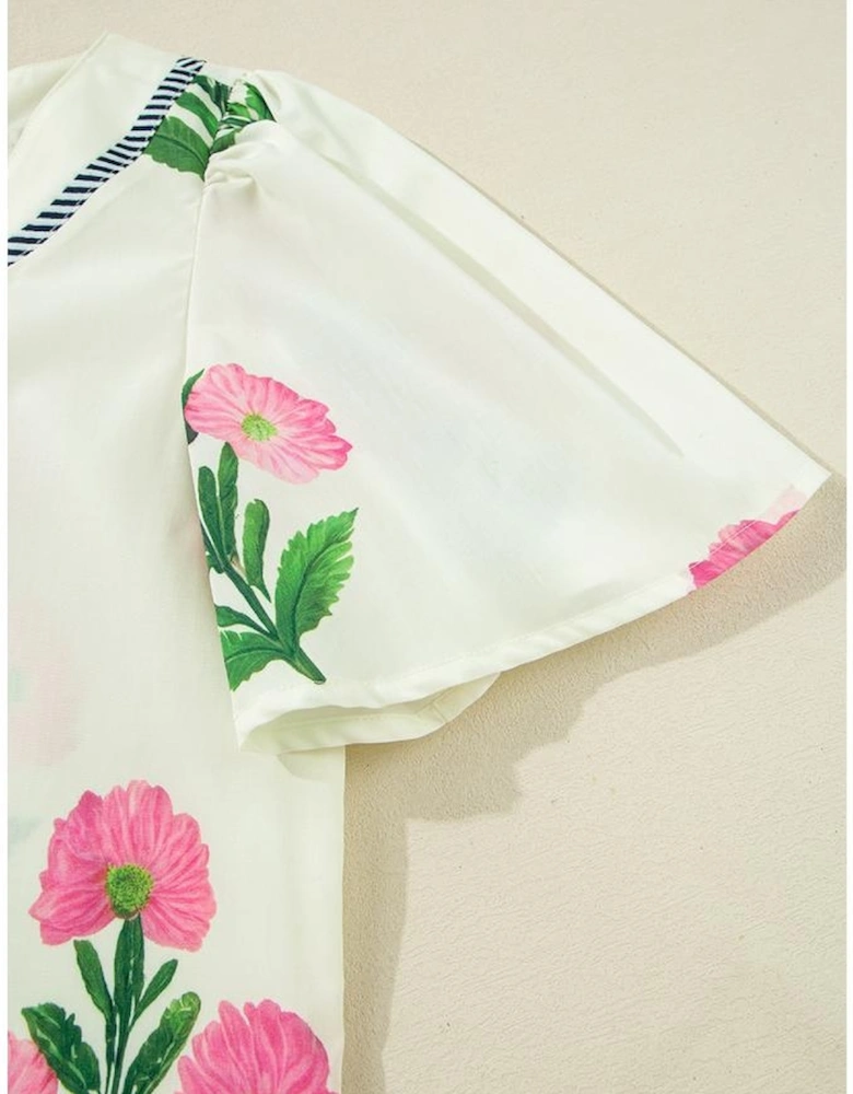 Apricot Floral Short Sleeve Split Neck Loose Mini Dress