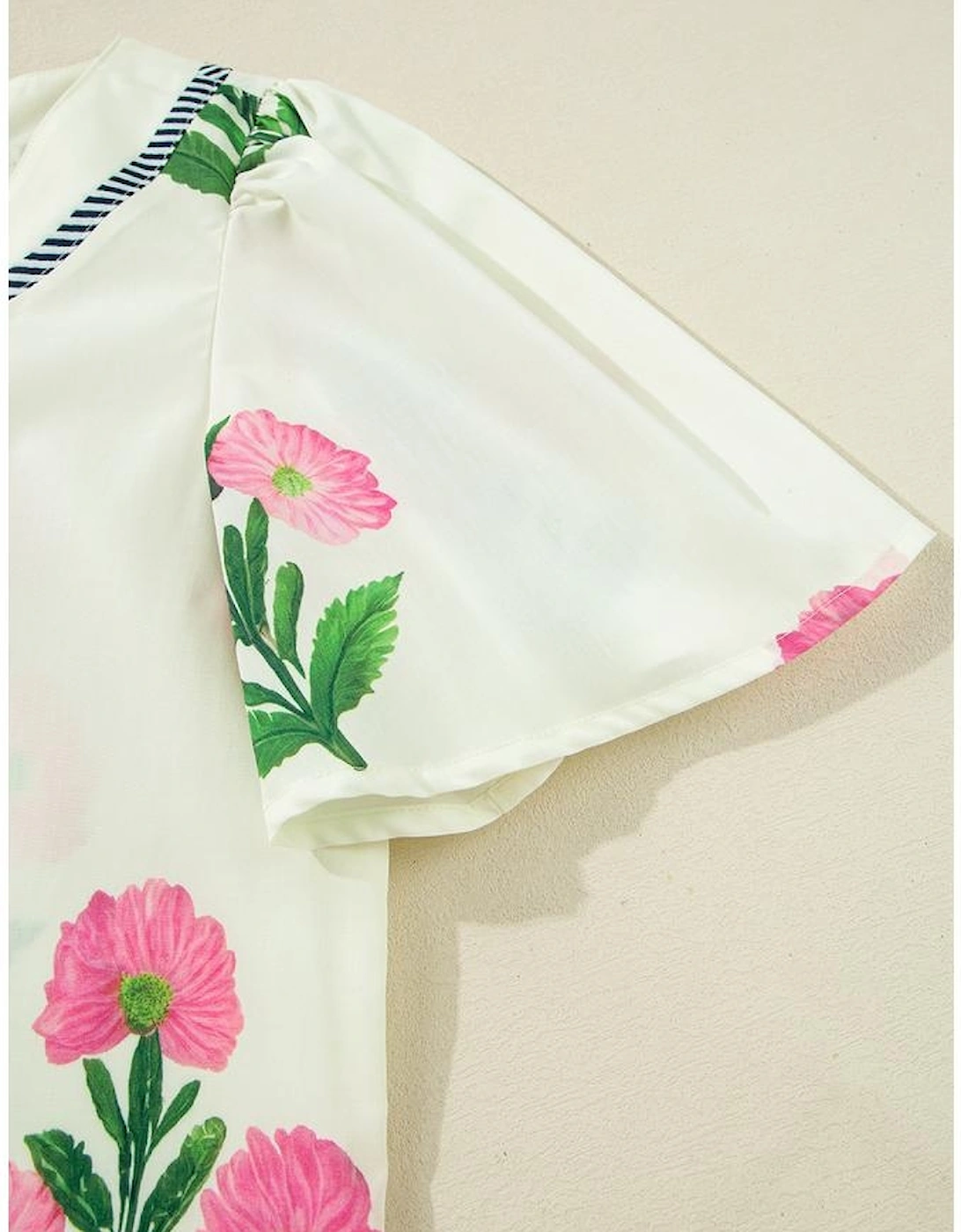 Apricot Floral Short Sleeve Split Neck Loose Mini Dress