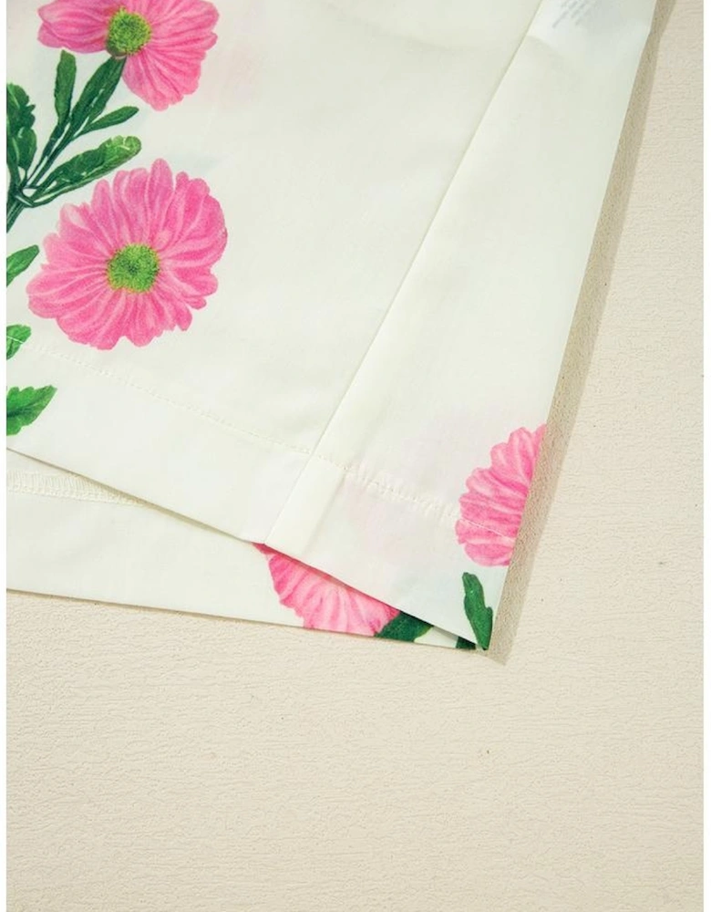 Apricot Floral Short Sleeve Split Neck Loose Mini Dress